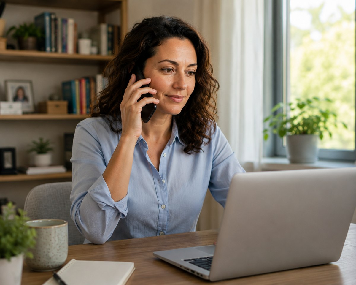 Donna al telefono davanti al computer durante una consulenza video