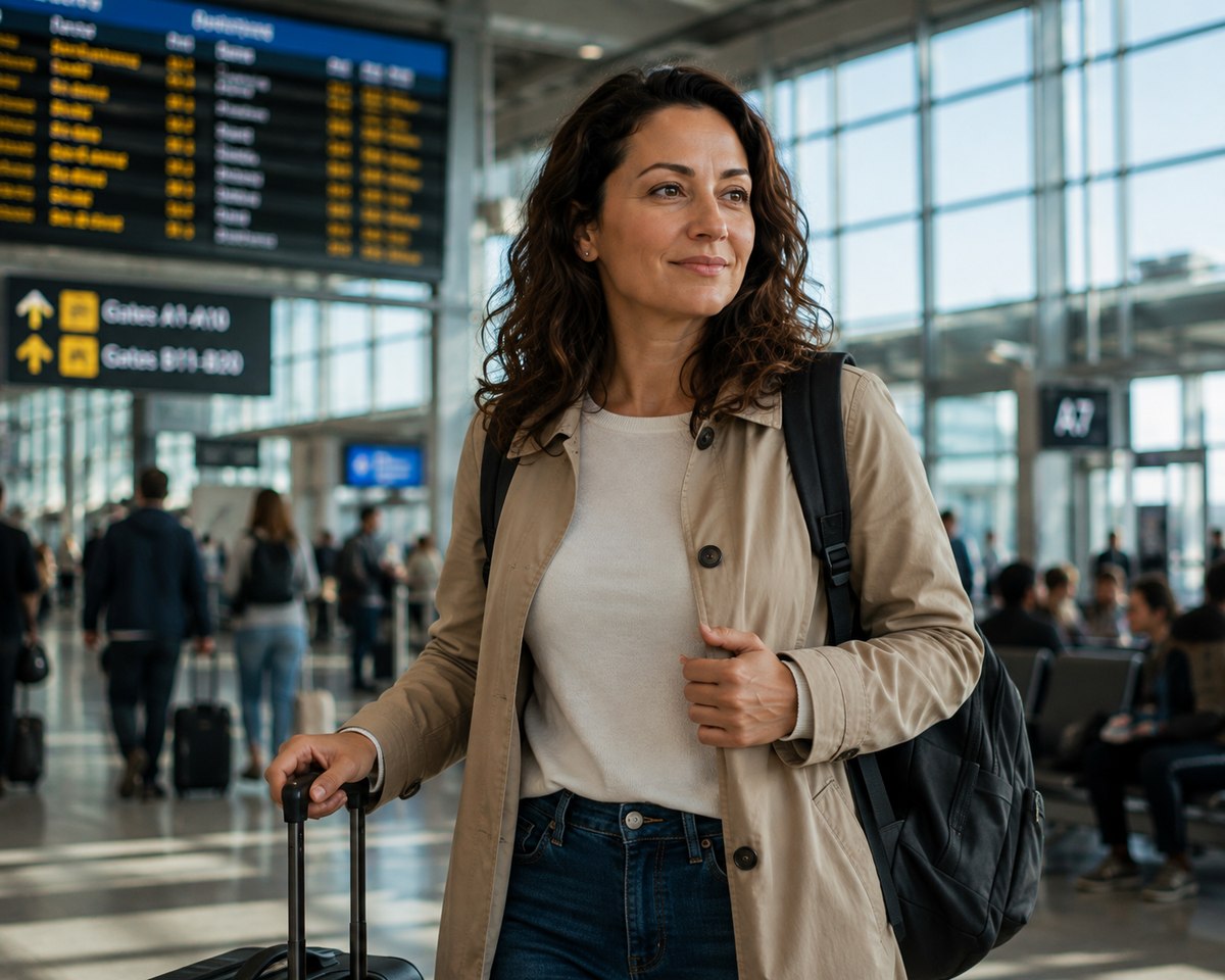 Donna con valigia in aeroporto, tabellone partenze sullo sfondo
